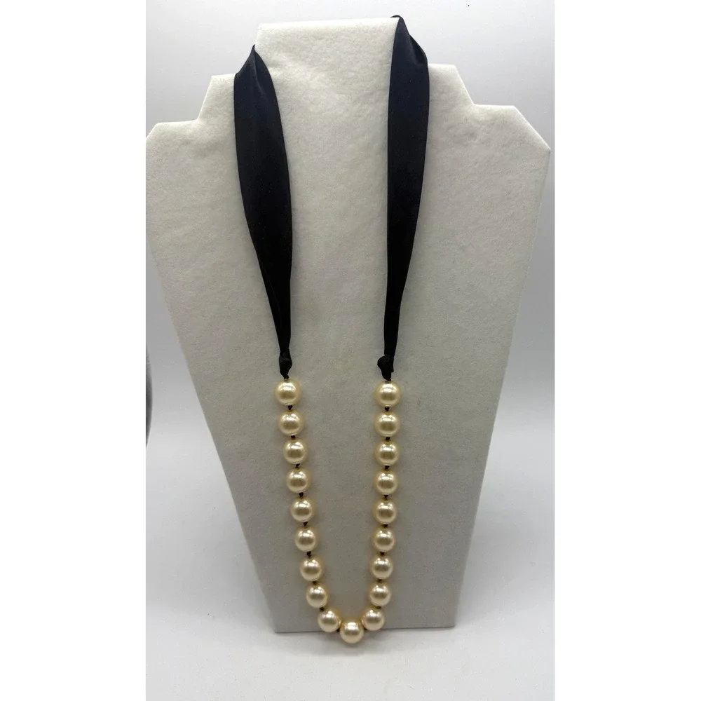 White Faux Pearl Beaded Necklace Black Ribbon Tie Womens Statement Jewelry